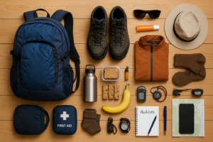 Wanderausrüstung für eine Tagestour mit Rucksack, Wanderschuhen, Verpflegung und Karte ordentlich ausgelegt